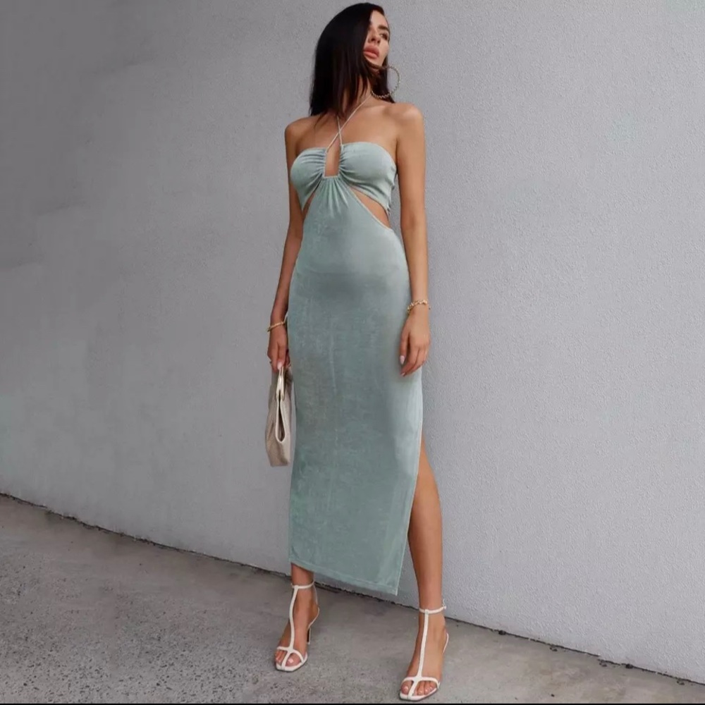 NWT cut out dress sea foam blue green halter silky split halter maxi L) 8-10-12